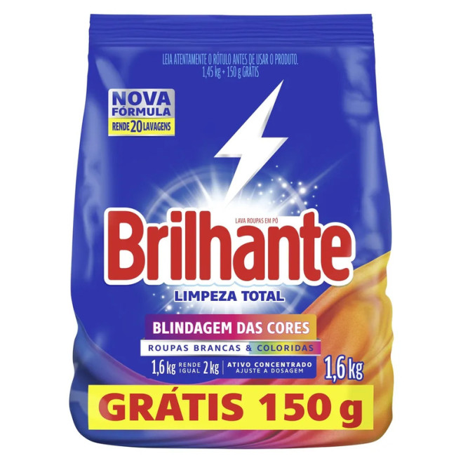 LAVA ROUPAS BRILHANTE 1,6KG GTIS 150G LIMPEZA TOTAL
