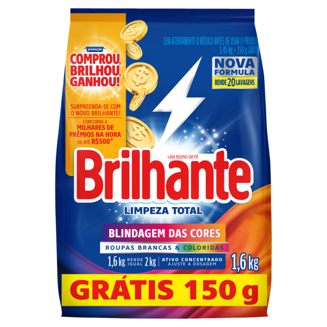 LAVA ROUPAS BRILHANTE SACHET 1,6KG GTIS 150G LIMPEZA TOTAL