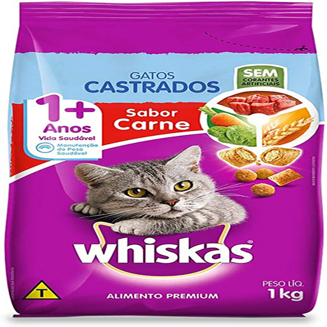 RACAO WHISKAS 1KG GATOS CASTRADO CARNE